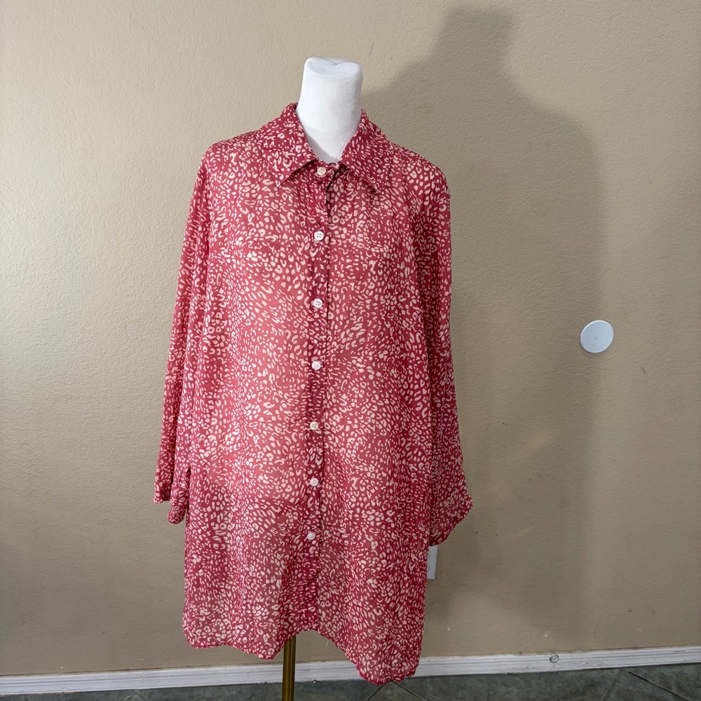 Lisa Bayne Cheetah Print Sheer Tunic Buttondown Top Size Large Boho Coastal